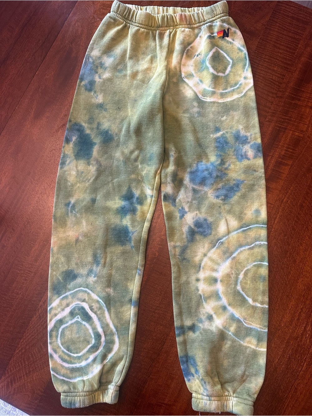 Aviator Nation Kids Tie-Dye Green Sweatpants with Blue & White Accents